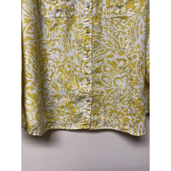 CHARTER CLUB Woman 100% Linen Roll Tab Sleeve Button Up Shirt, Chartreuse/White - Picture 6 of 10